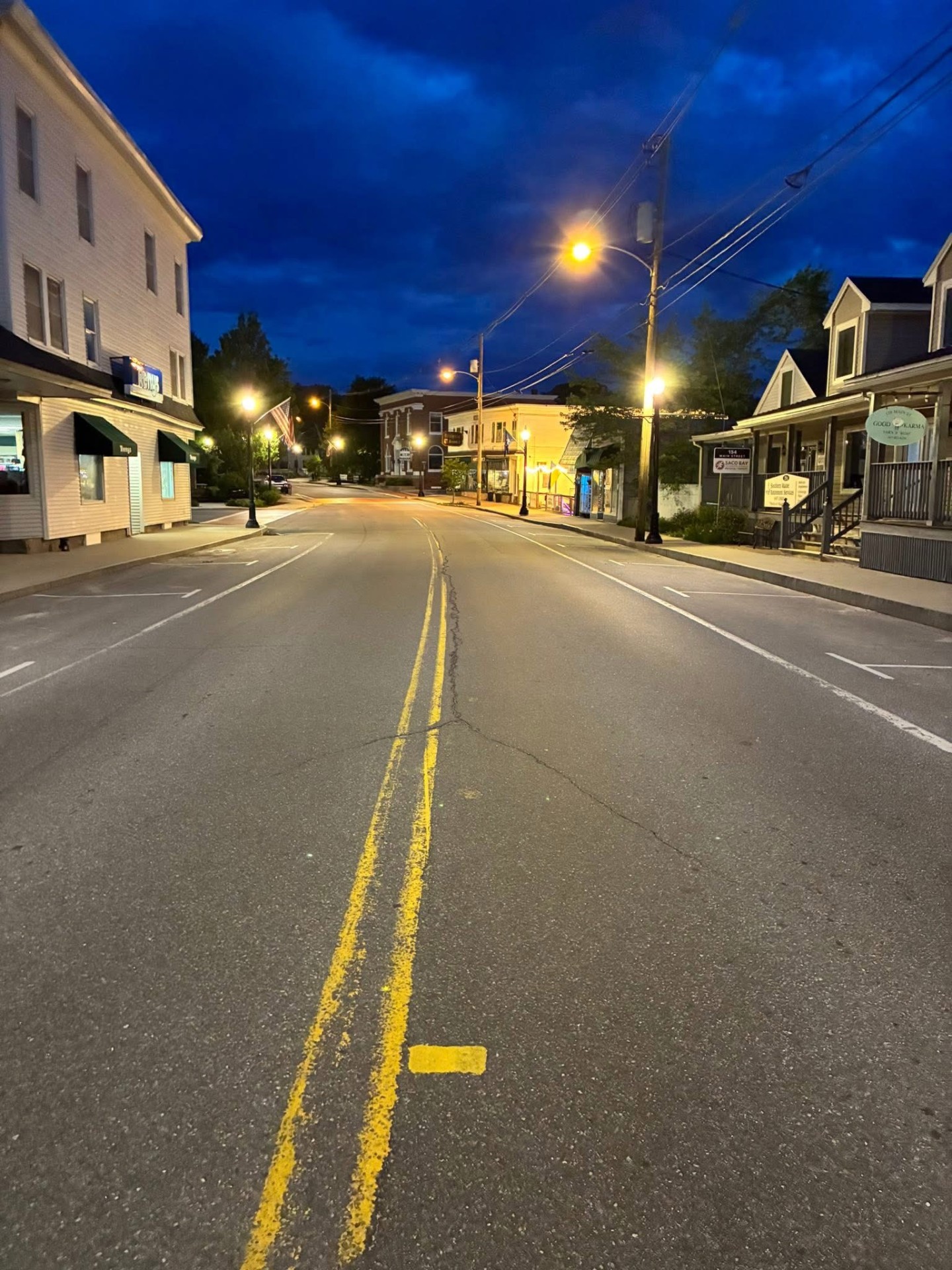 Main Street in Bridgton, Maine at dusk